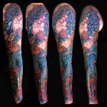 green taro god full sleeve tattoo colorful done by female tattoo artist Jessi Lawson